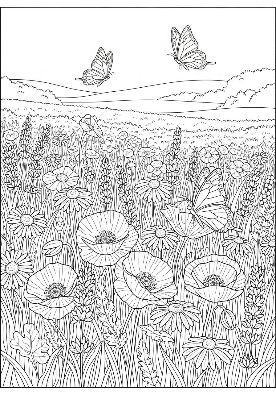 Desenho de flores e borboletas para colorir