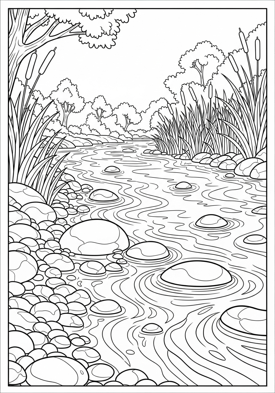 Desenho de um riacho com pedras e vegetação para colorir