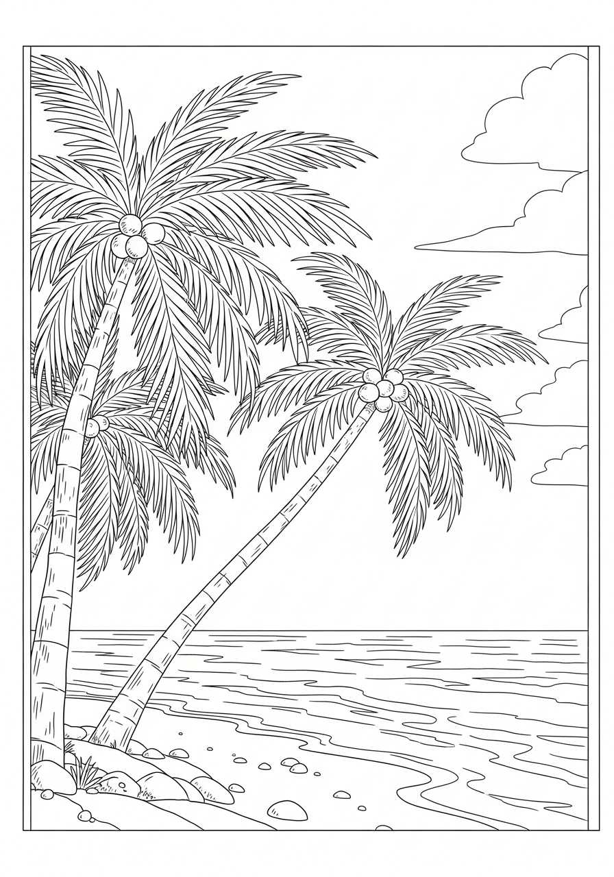 Desenho de palmeiras à beira-mar para colorir