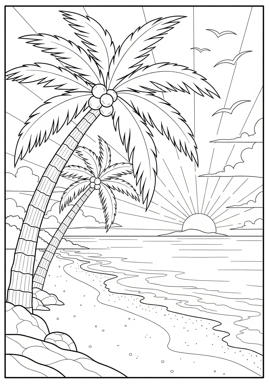 Desenho de uma praia ao pôr do sol com palmeiras