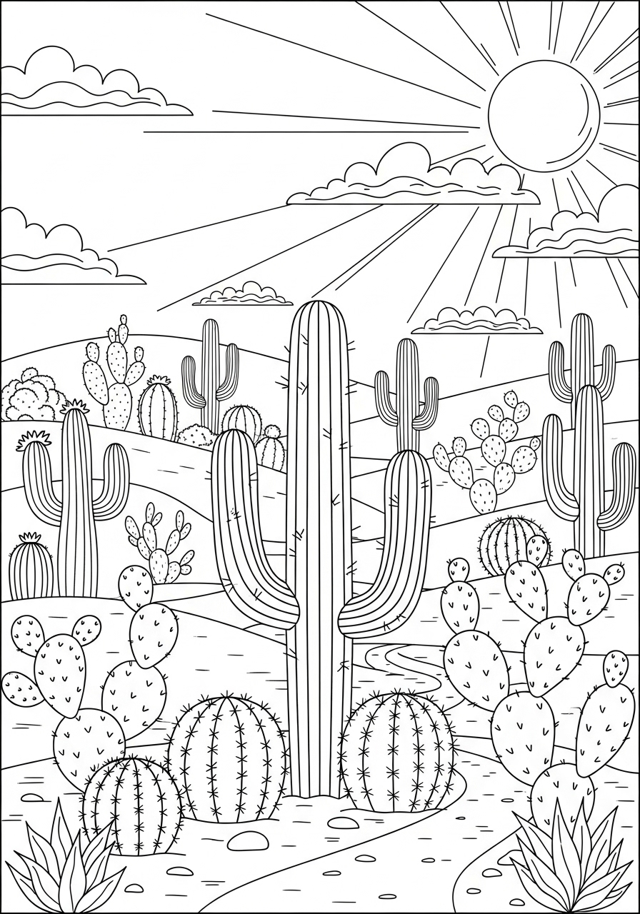 Desenho da Natureza com cactos para colorir