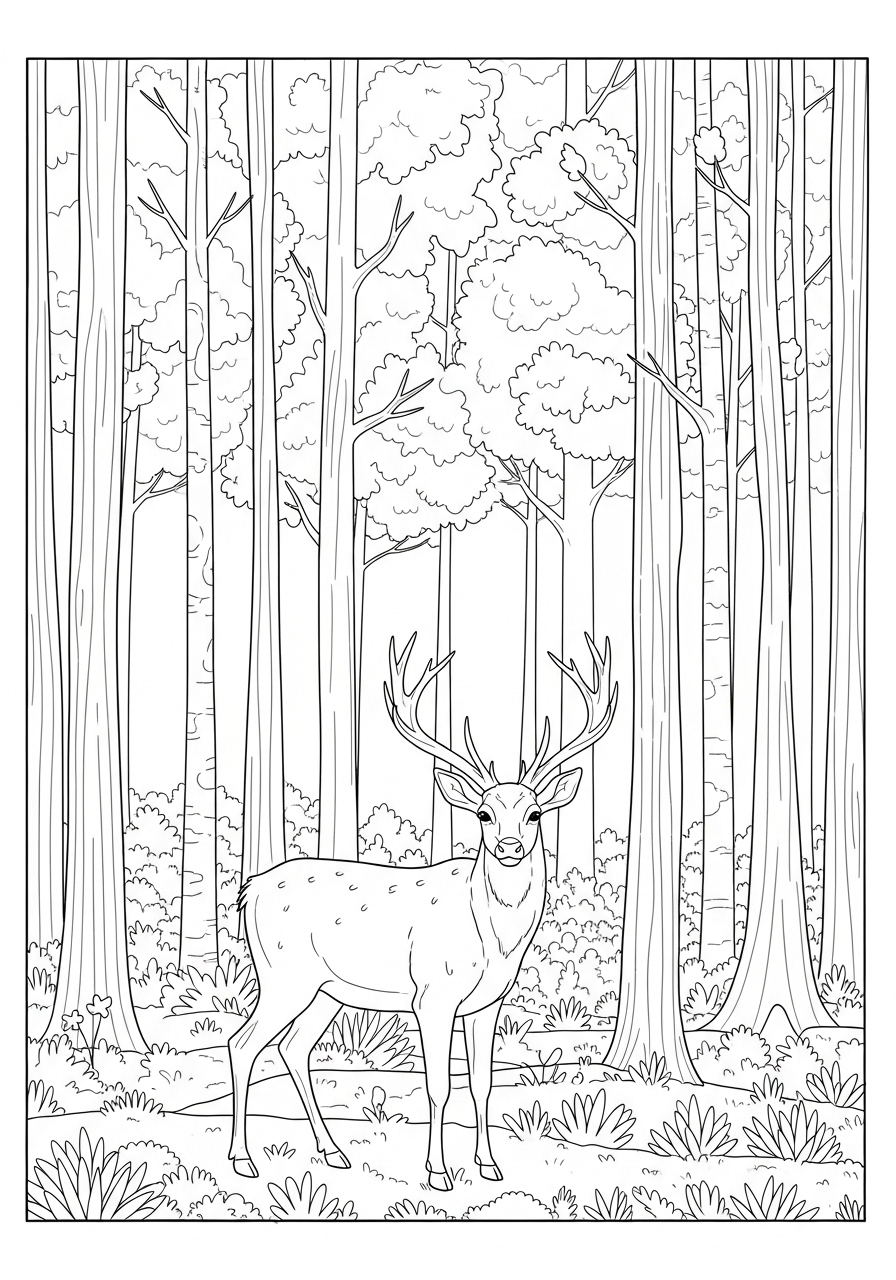 Desenho de um veado em uma floresta para colorir