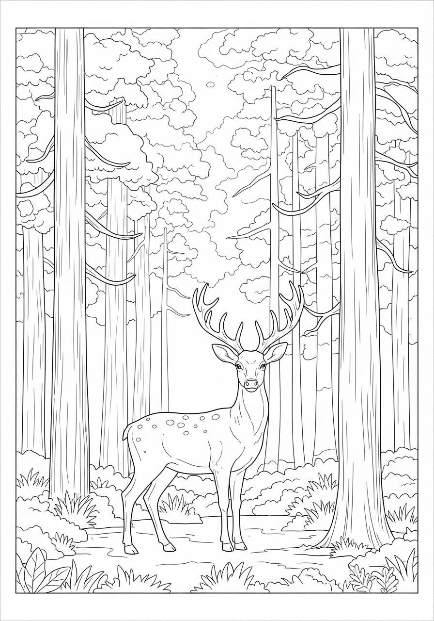 Desenho de um cervo em uma floresta para colorir