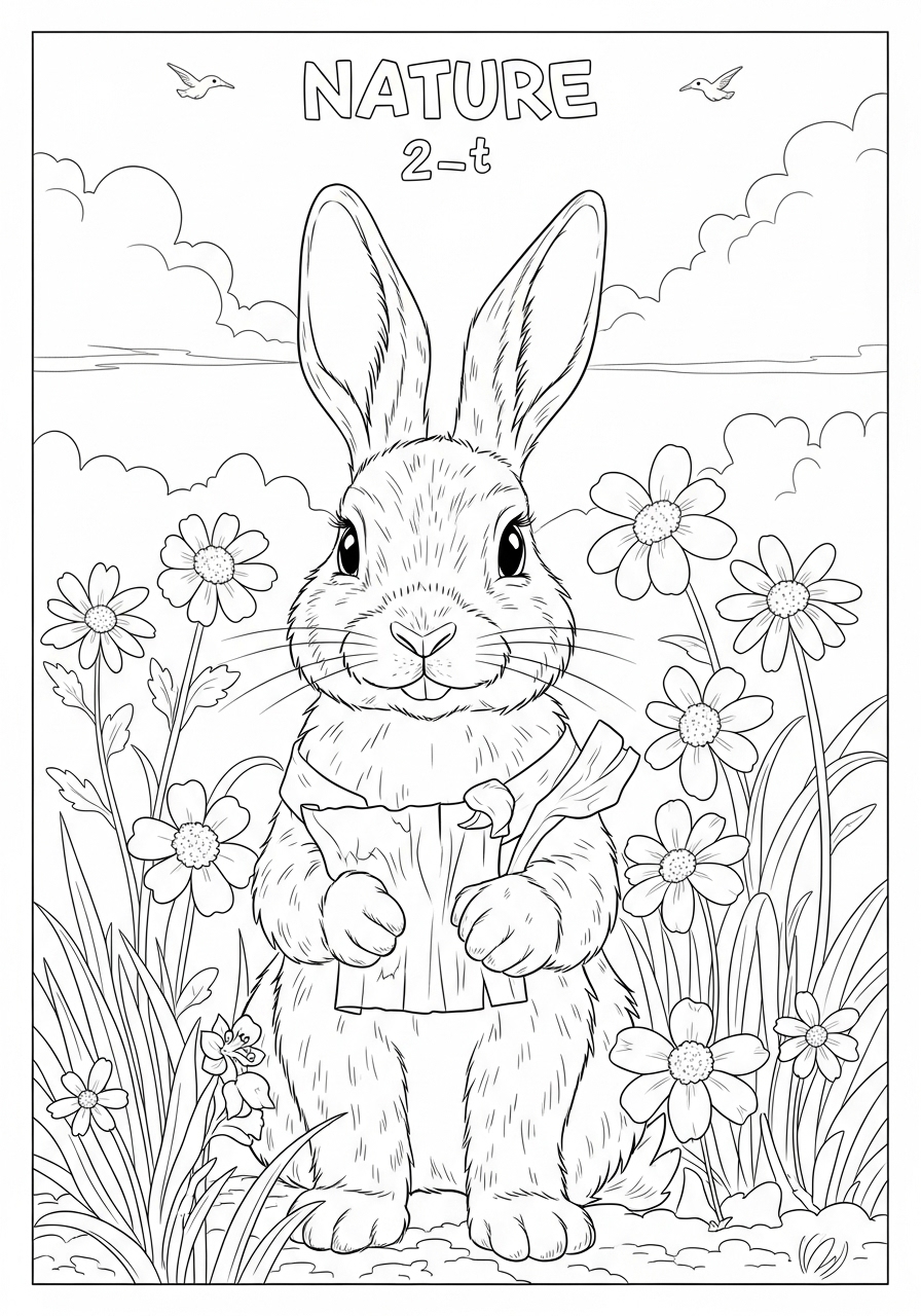 Desenho de coelho em meio a flores para colorir