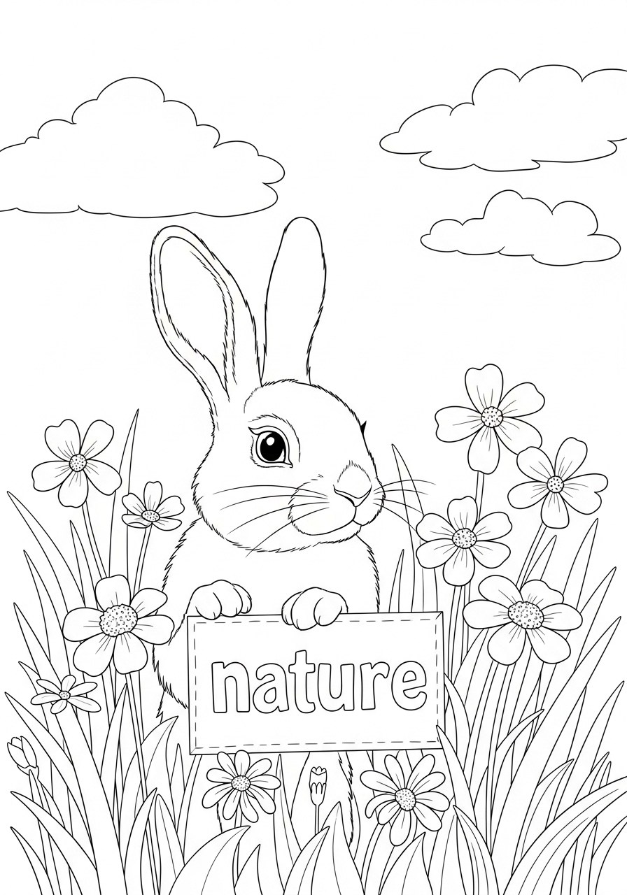 Desenho de coelho segurando placa da natureza