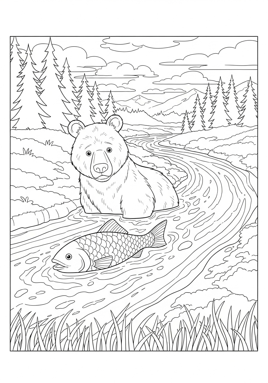 Desenho de um urso e um peixe para colorir