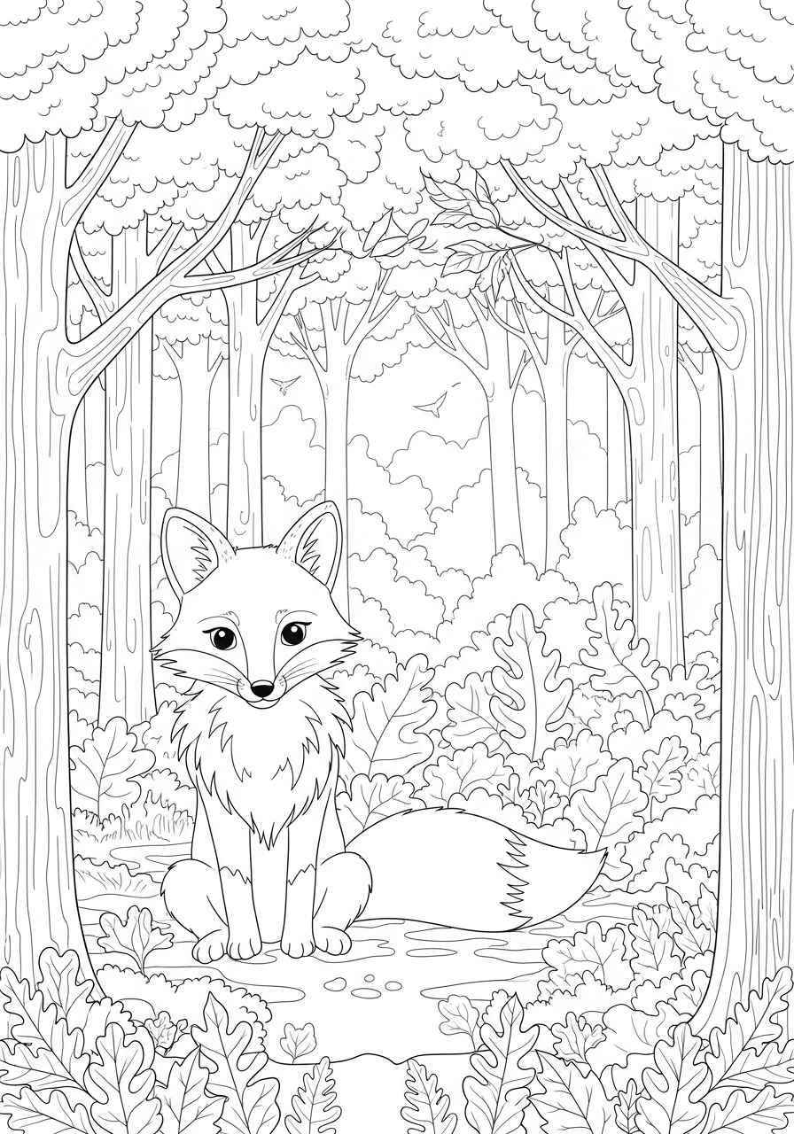 Desenho de uma raposa sentada em uma floresta para colorir