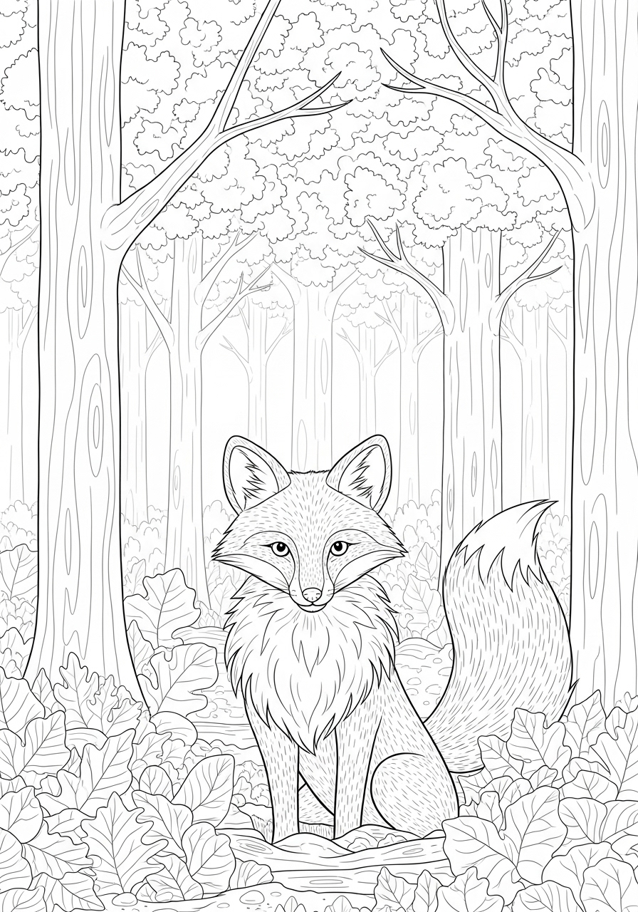 Desenho de uma raposa no meio da floresta para colorir