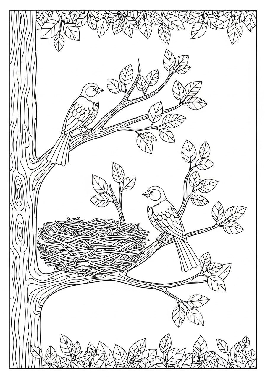 Desenho de pássaros em árvore com ninho para colorir