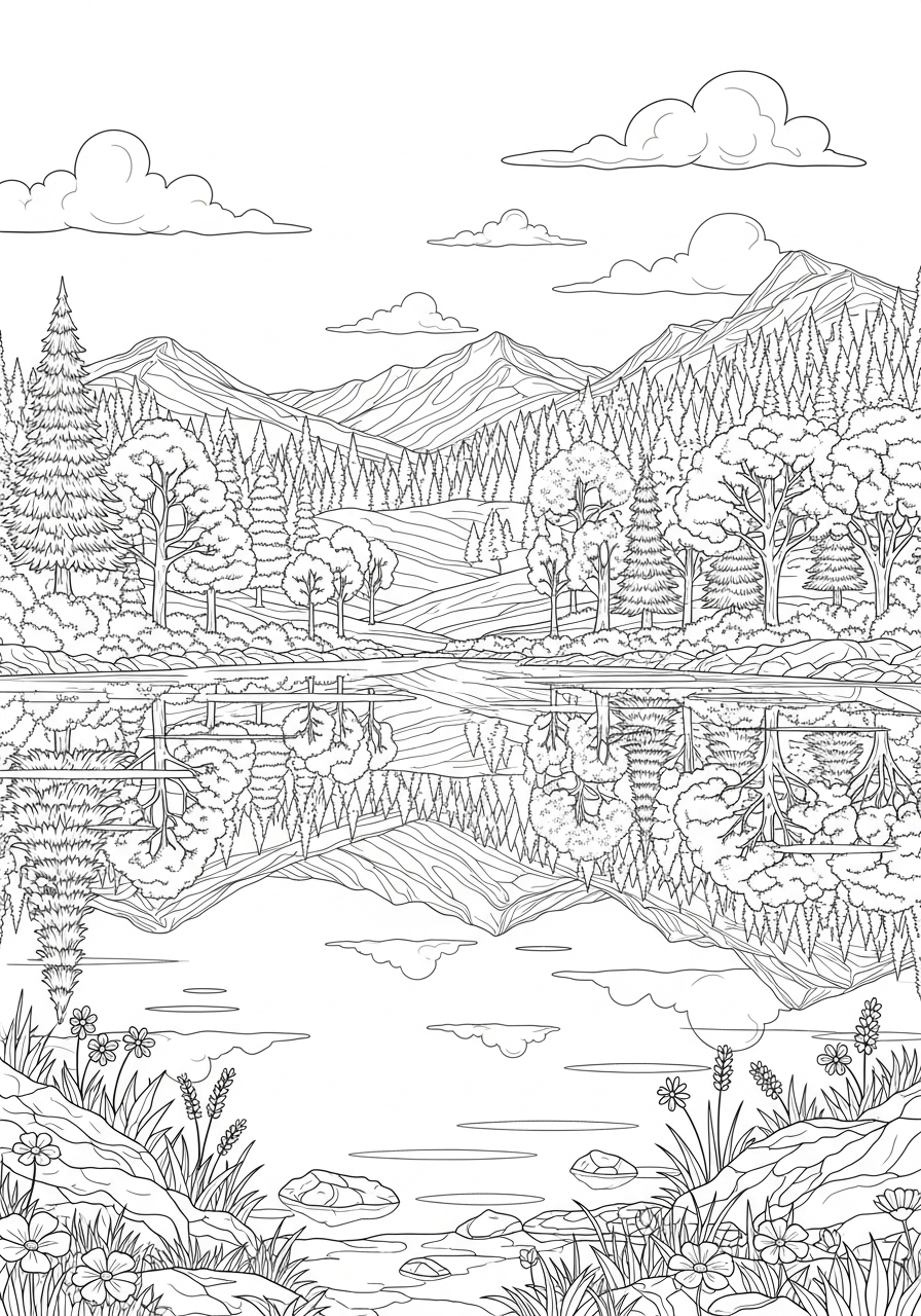Desenho de uma paisagem natural para colorir