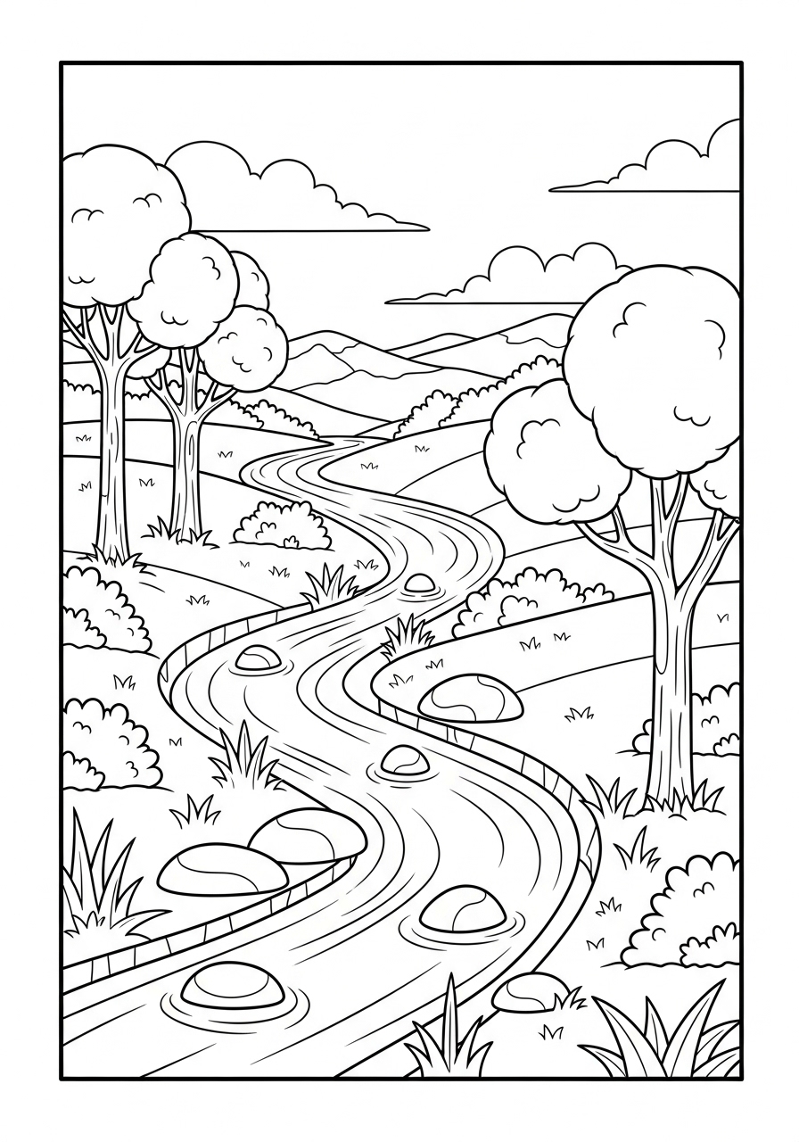 Desenho da natureza com riacho e árvores para colorir