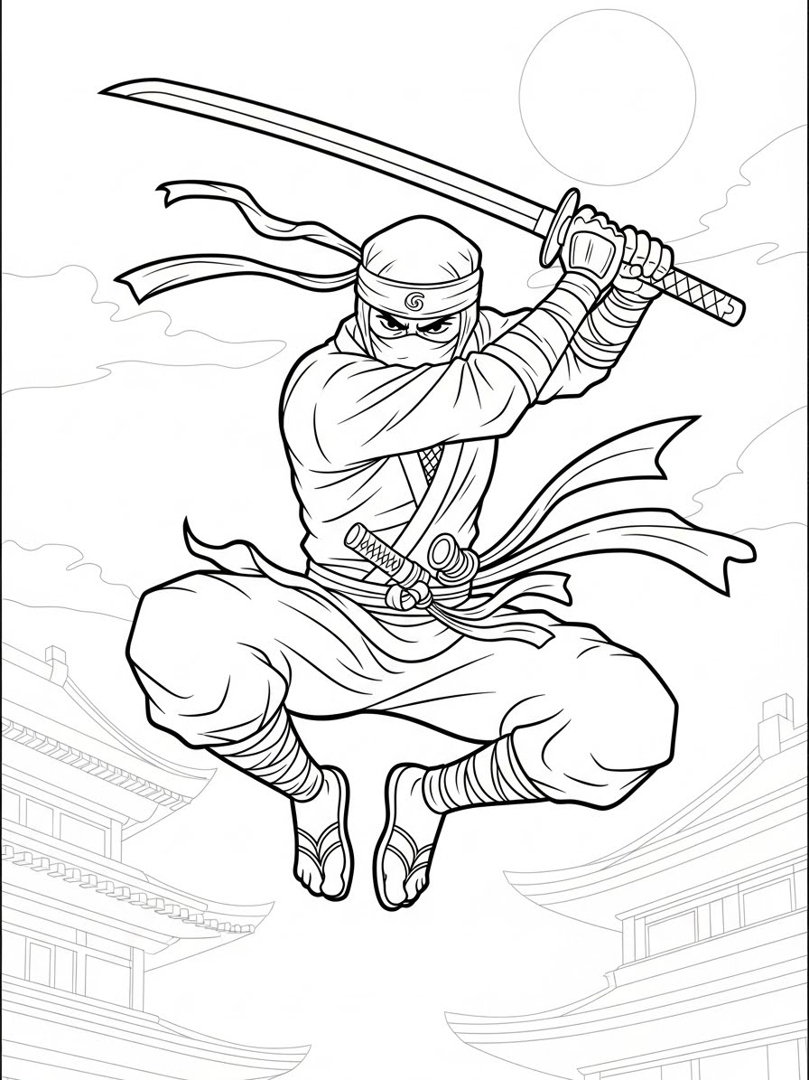 Desenho de Ninja realista com katana para colorir