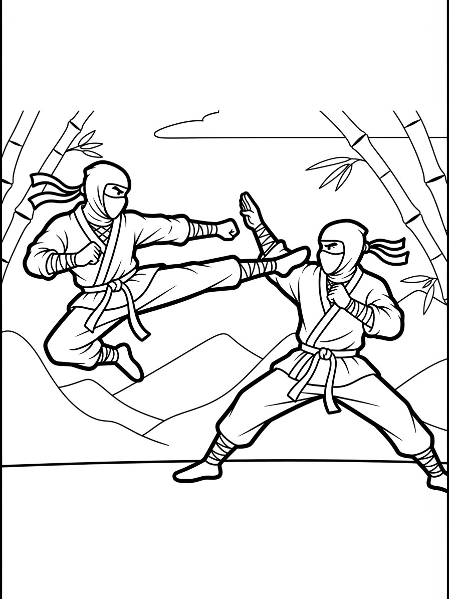Desenho de Ninja duelando em fundo de montanhas para colorir