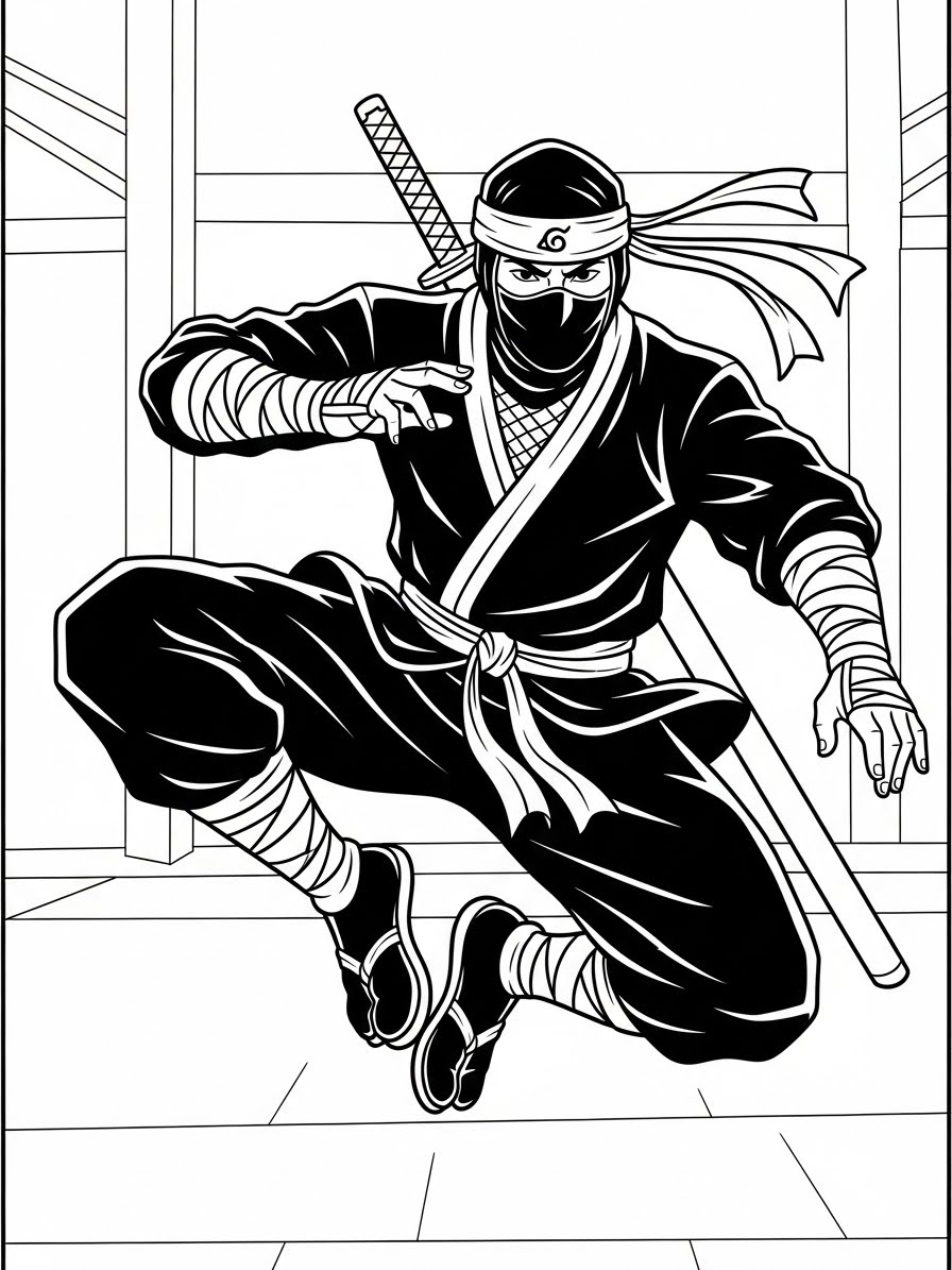 Desenho de Ninja realista em movimento para colorir