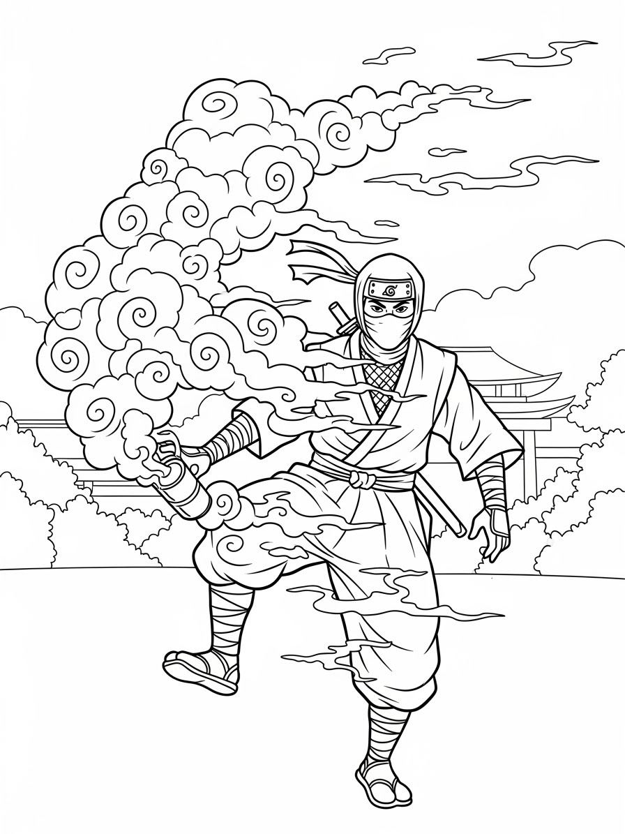 Desenho de Ninja realista em ação para colorir