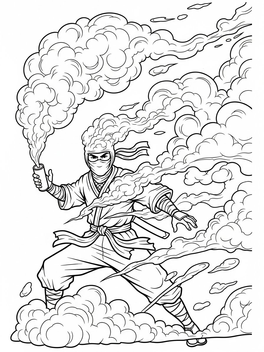 Desenho de Ninja realista com fumaça para colorir