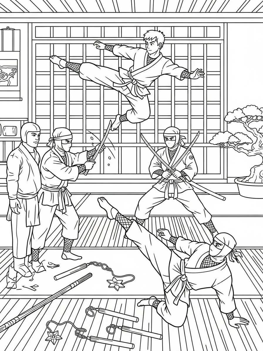 Desenho de Ninja realista em ação para colorir