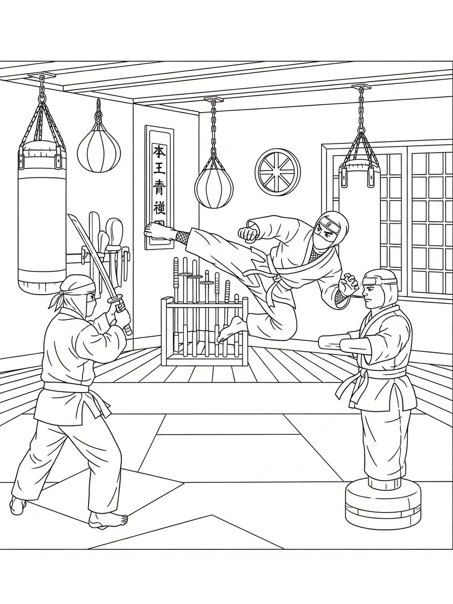 Desenho de Ninja em ação em sala de treinamento para colorir