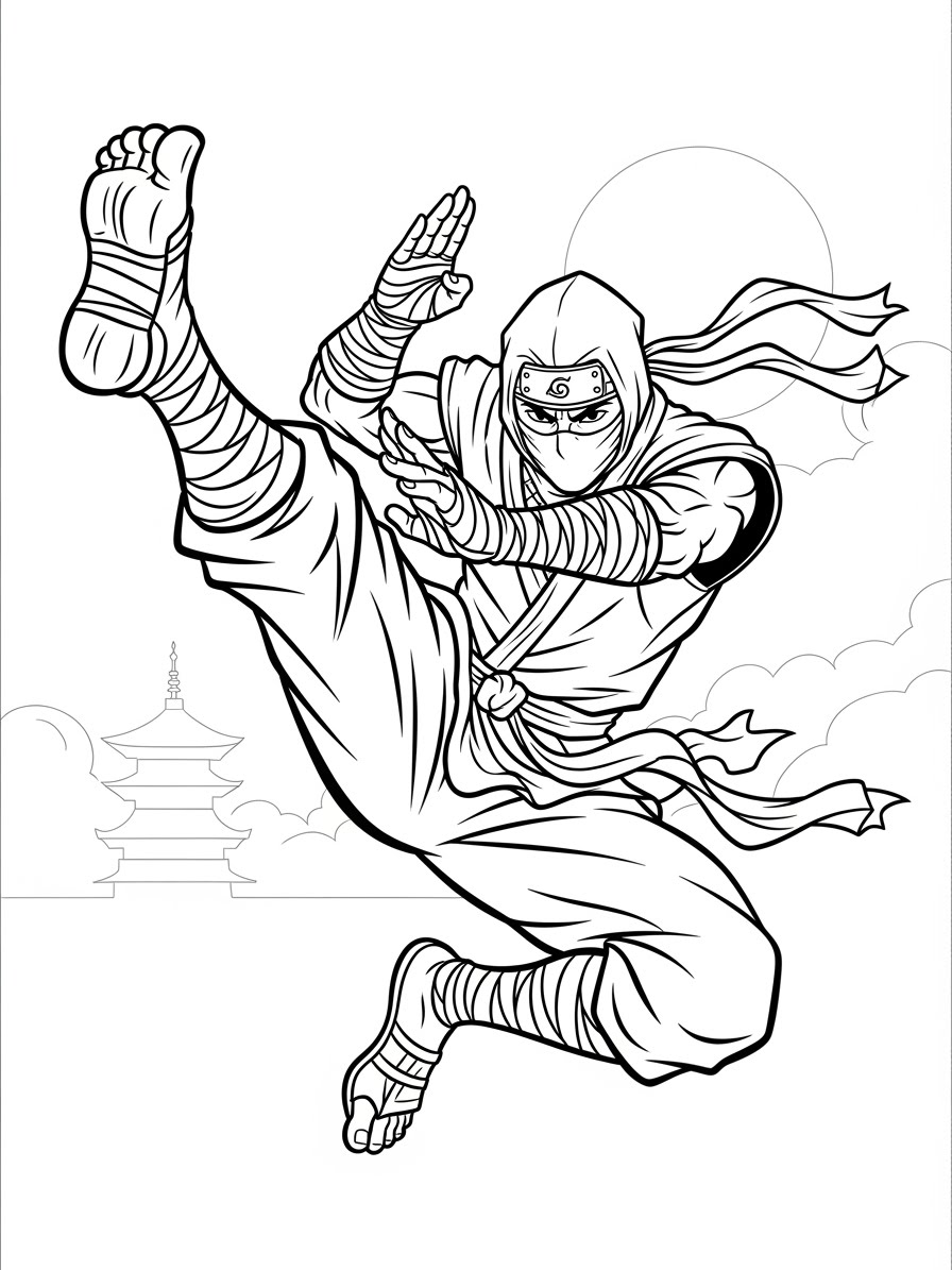Desenho de Ninja realista em movimento para colorir