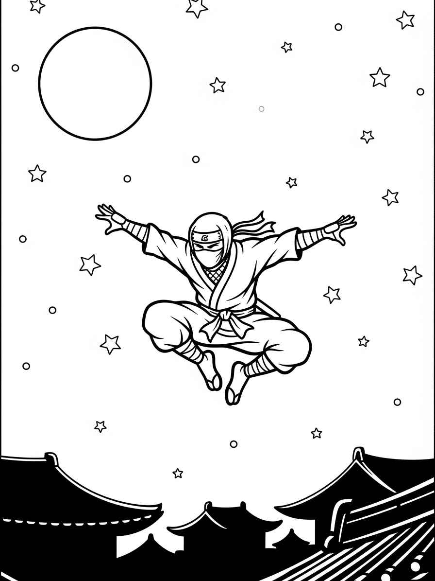 Desenho de Ninja saltando entre telhados para colorir