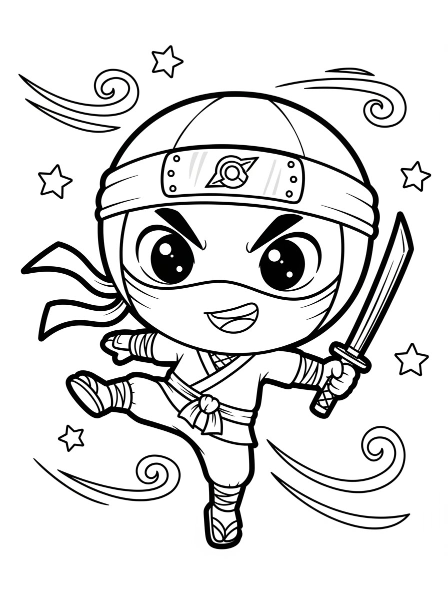 Desenho de Ninja simpático em ação para colorir