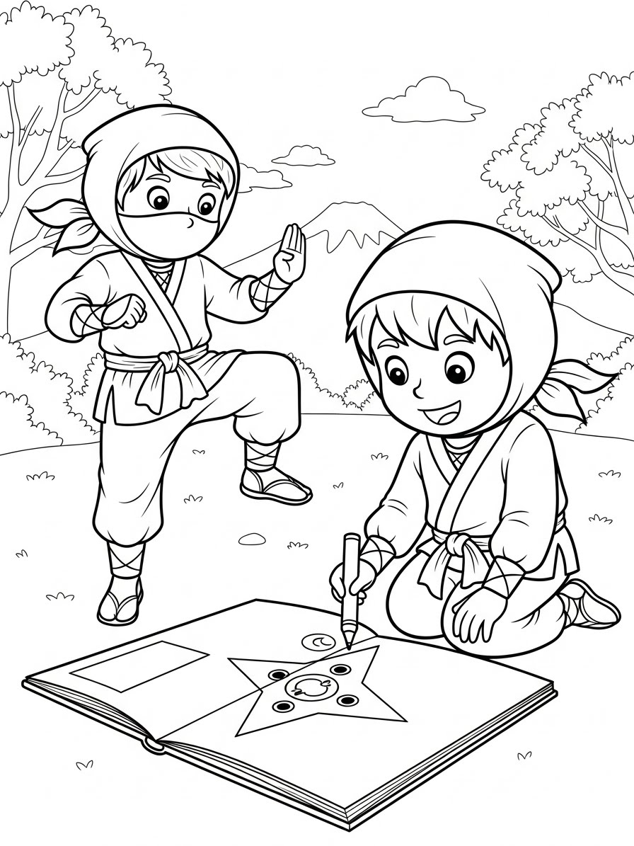 Desenho de Ninja brincando e aprendendo para colorir