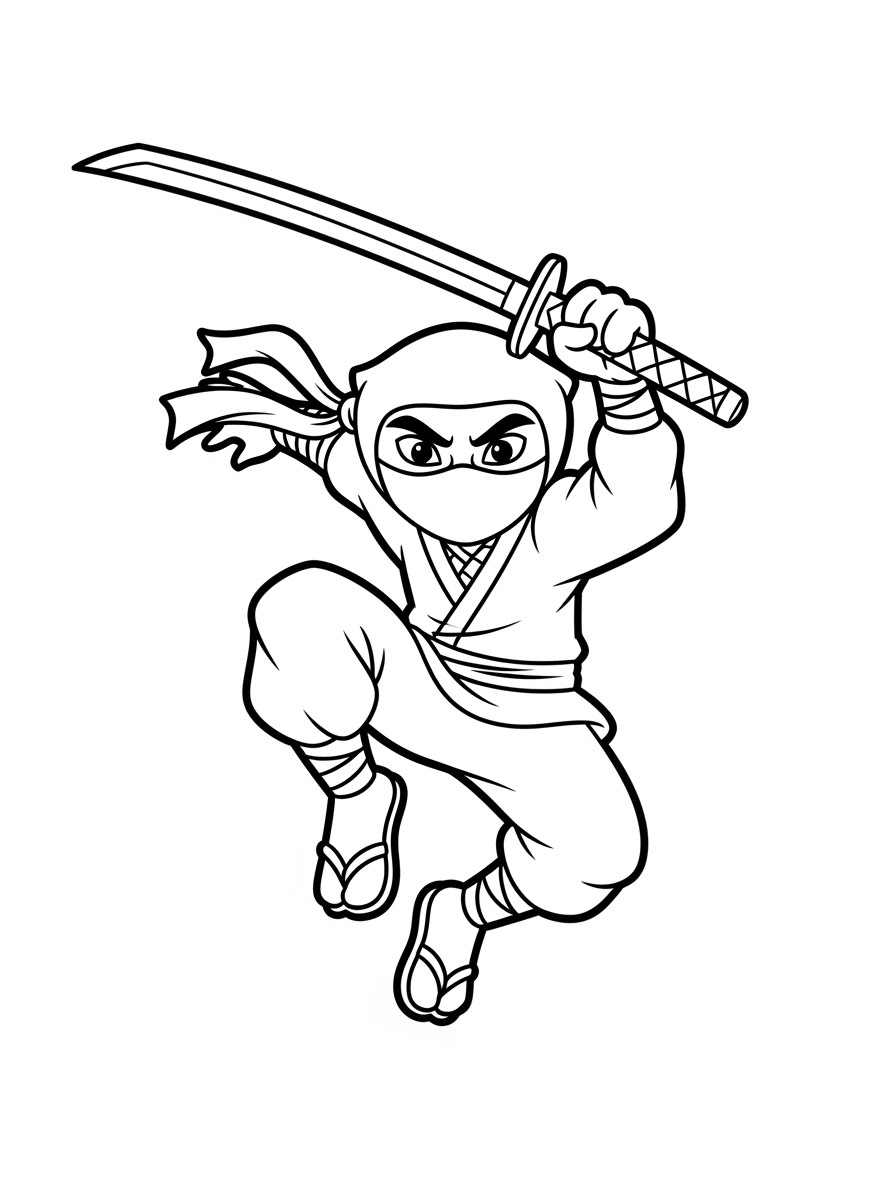 Desenho de Ninja realista saltando com espada para colorir