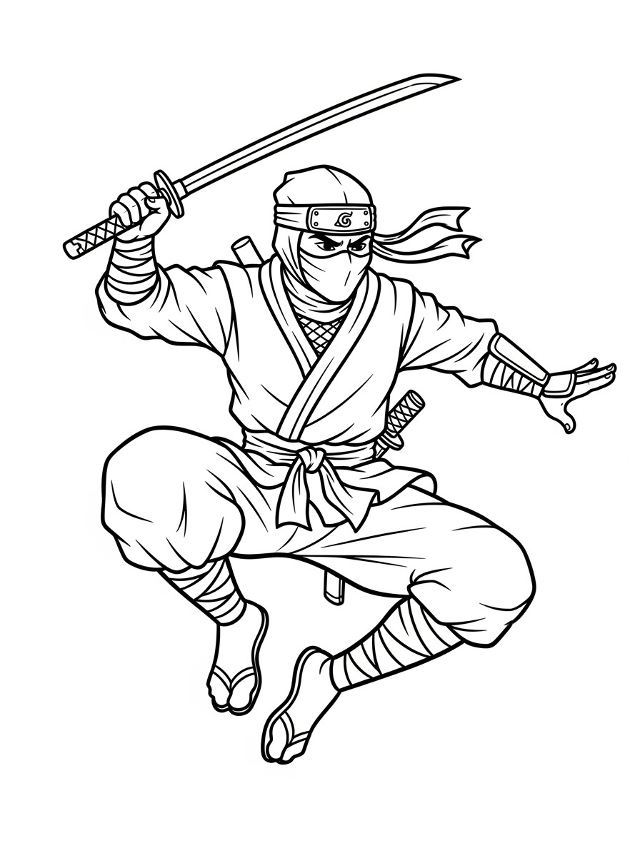 Desenho de Ninja dinâmico com espada para colorir