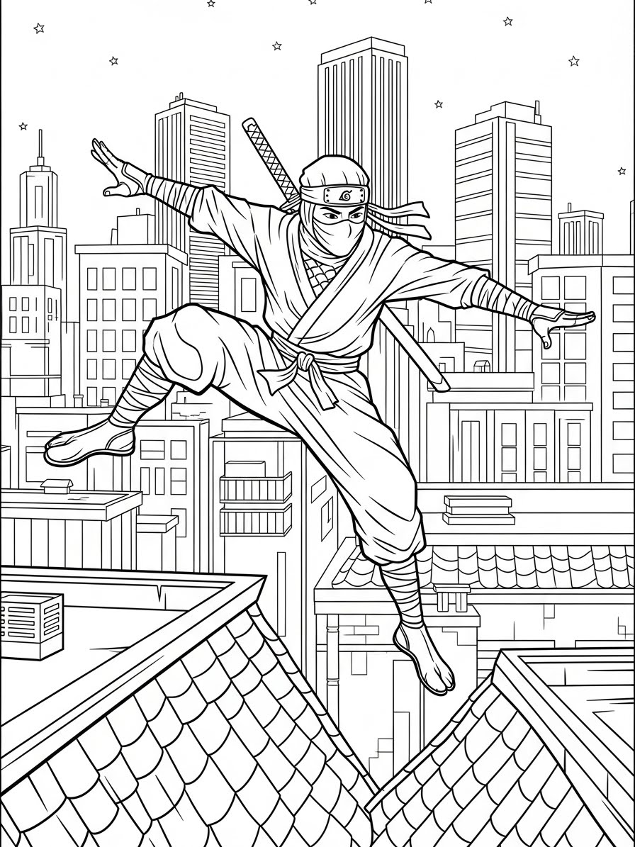 Desenho de Ninja realista em salto para colorir