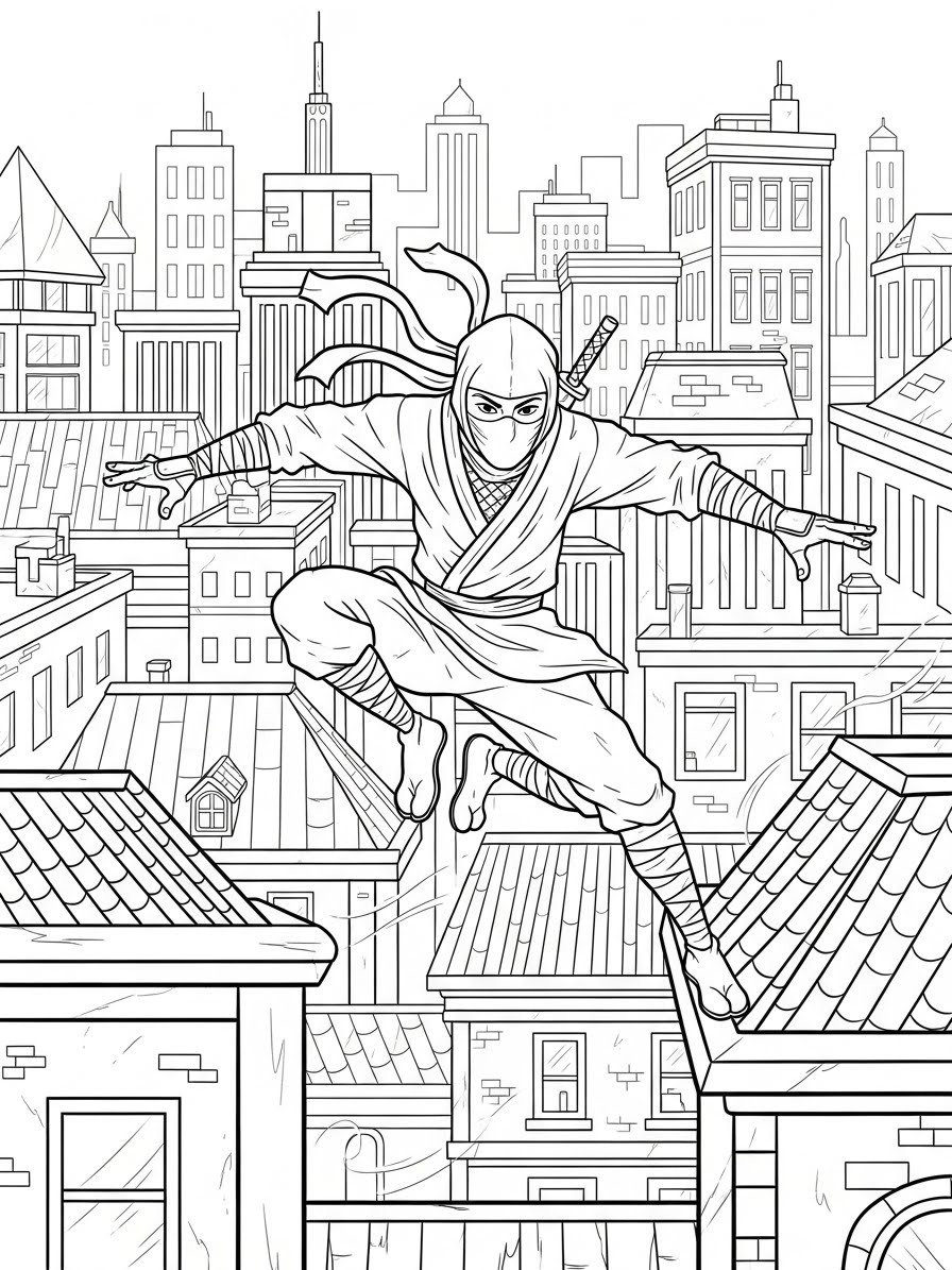 Desenho de Ninja realista pulando entre os telhados para colorir