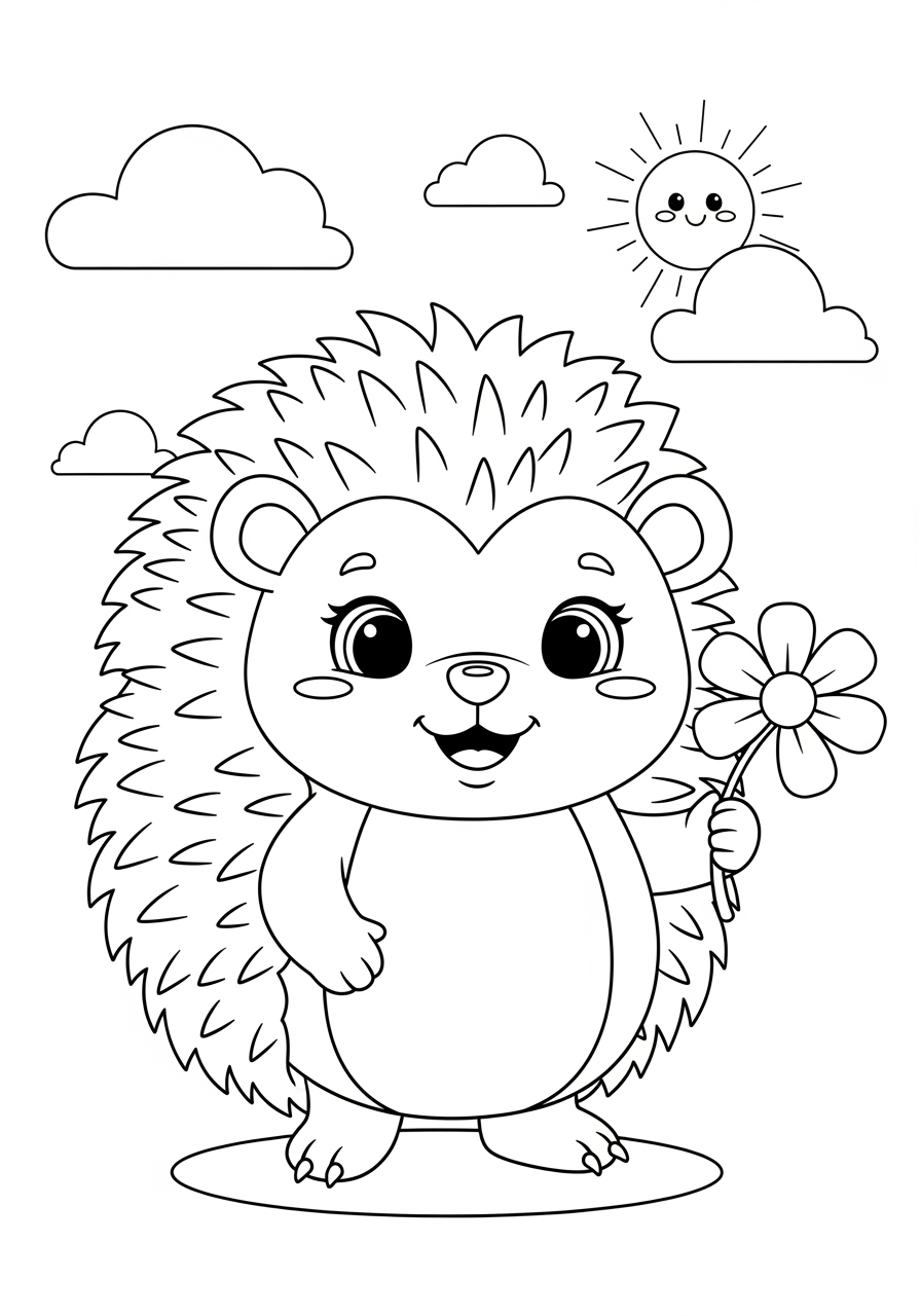 Desenho de Ouriço Fofo segurando flor para colorir