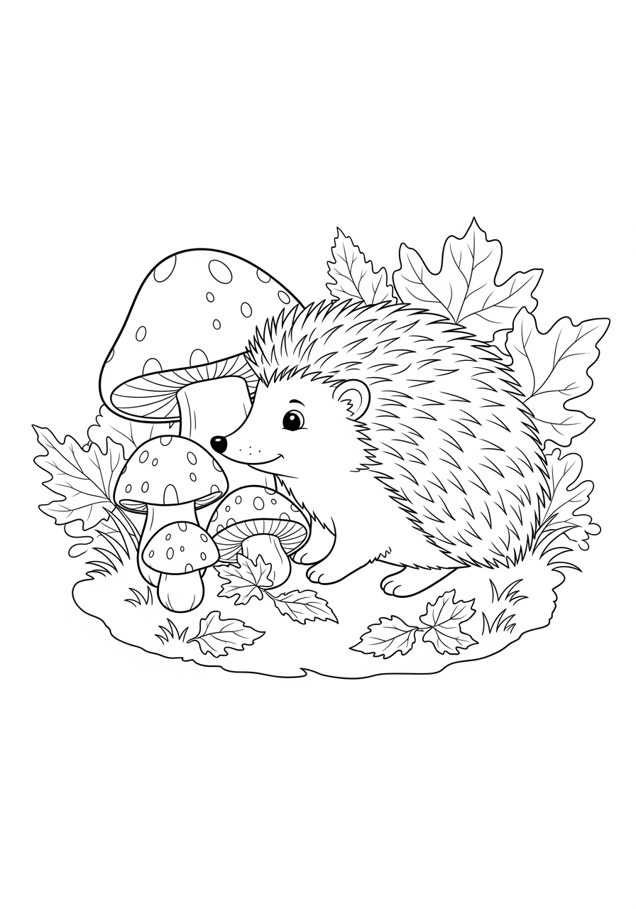 Desenho de Ouriço com Cogumelos e Folhas para colorir