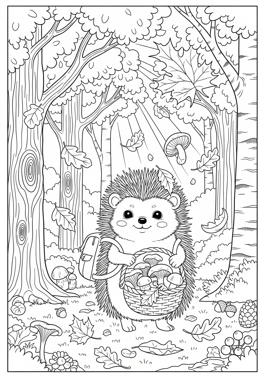 Desenho de Ouriço Fofo com Cesta na Floresta para colorir