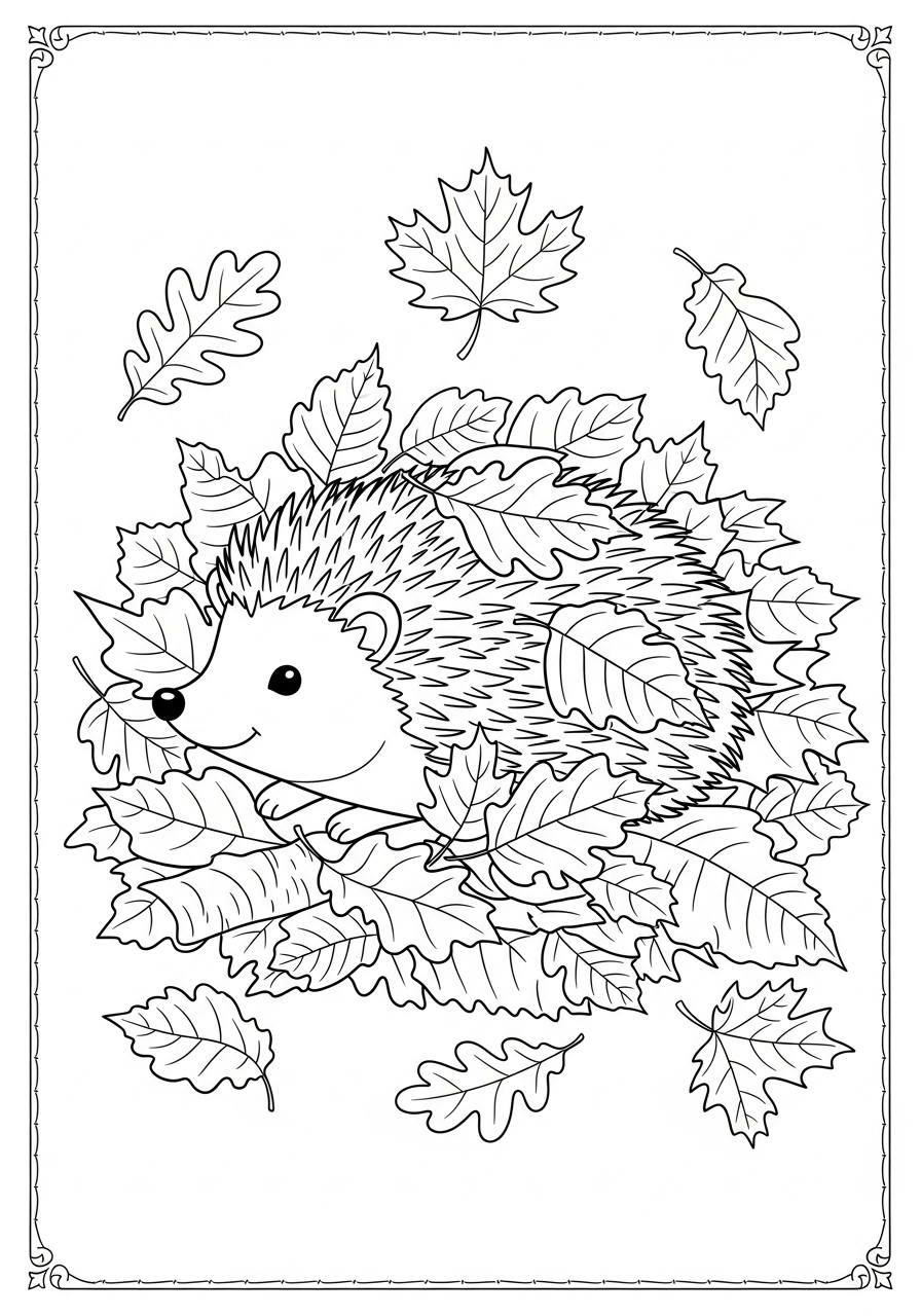 Desenho de Ouriço Realista entre Folhas para colorir