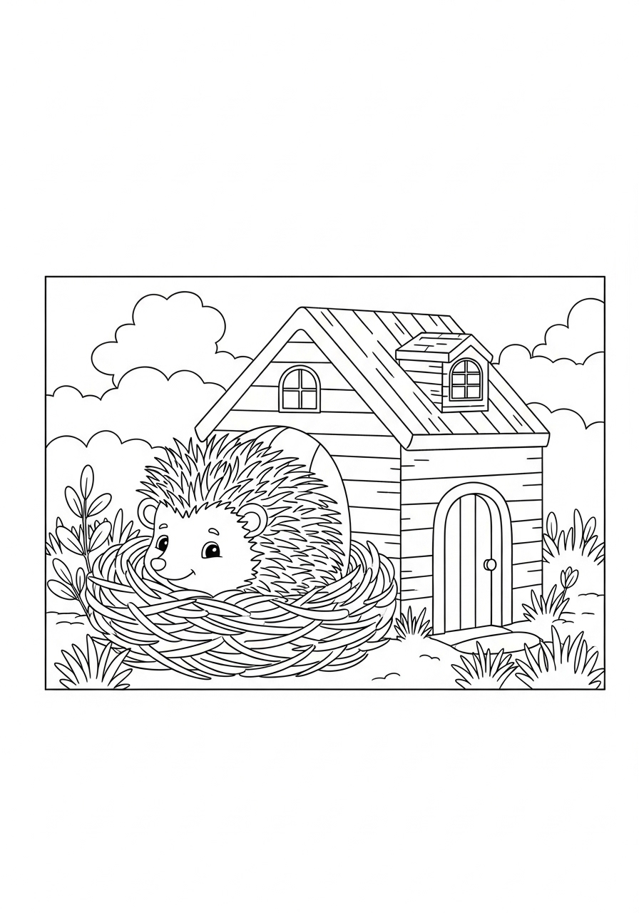 Desenho de Ouriço em uma casinha para colorir