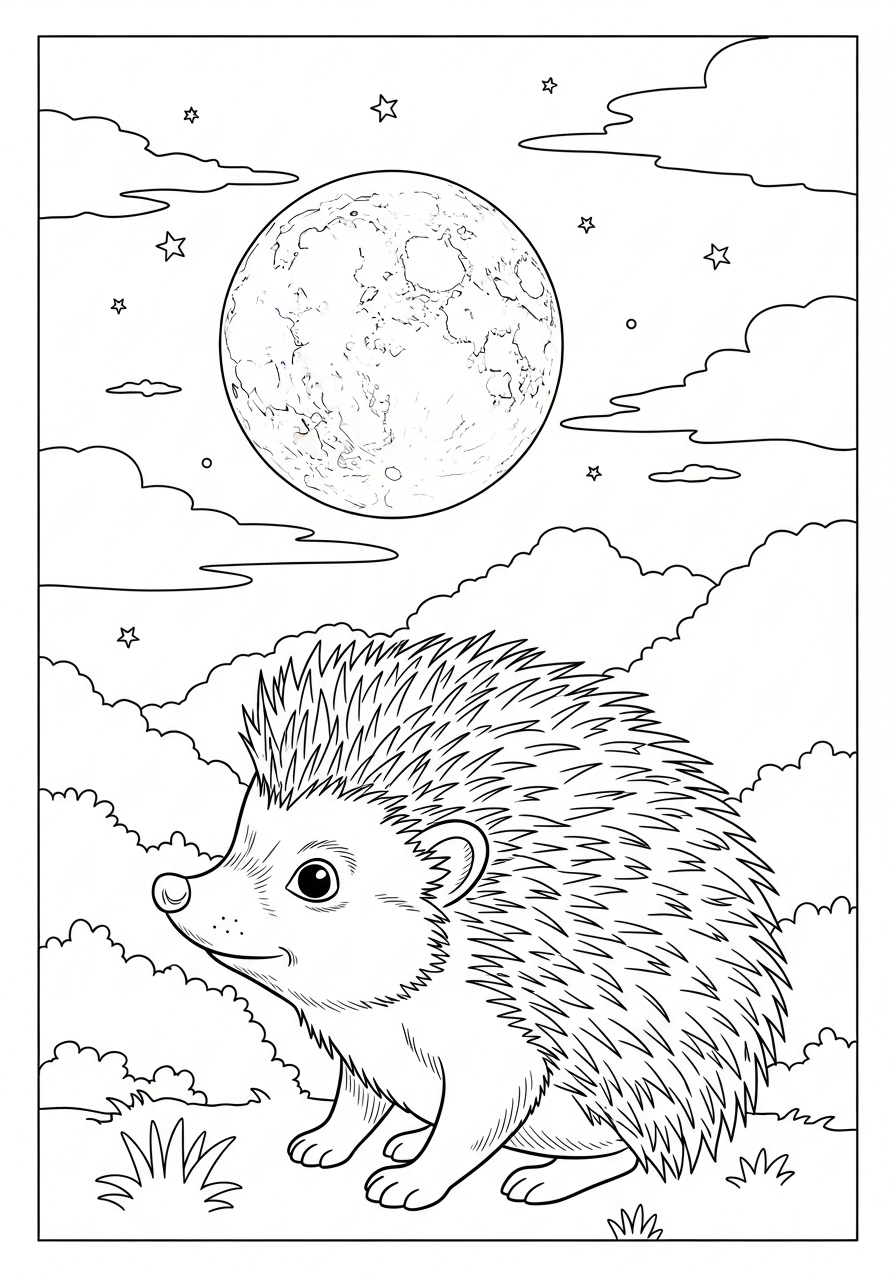 Desenho de Ouriço Realista em um cenário noturno para colorir