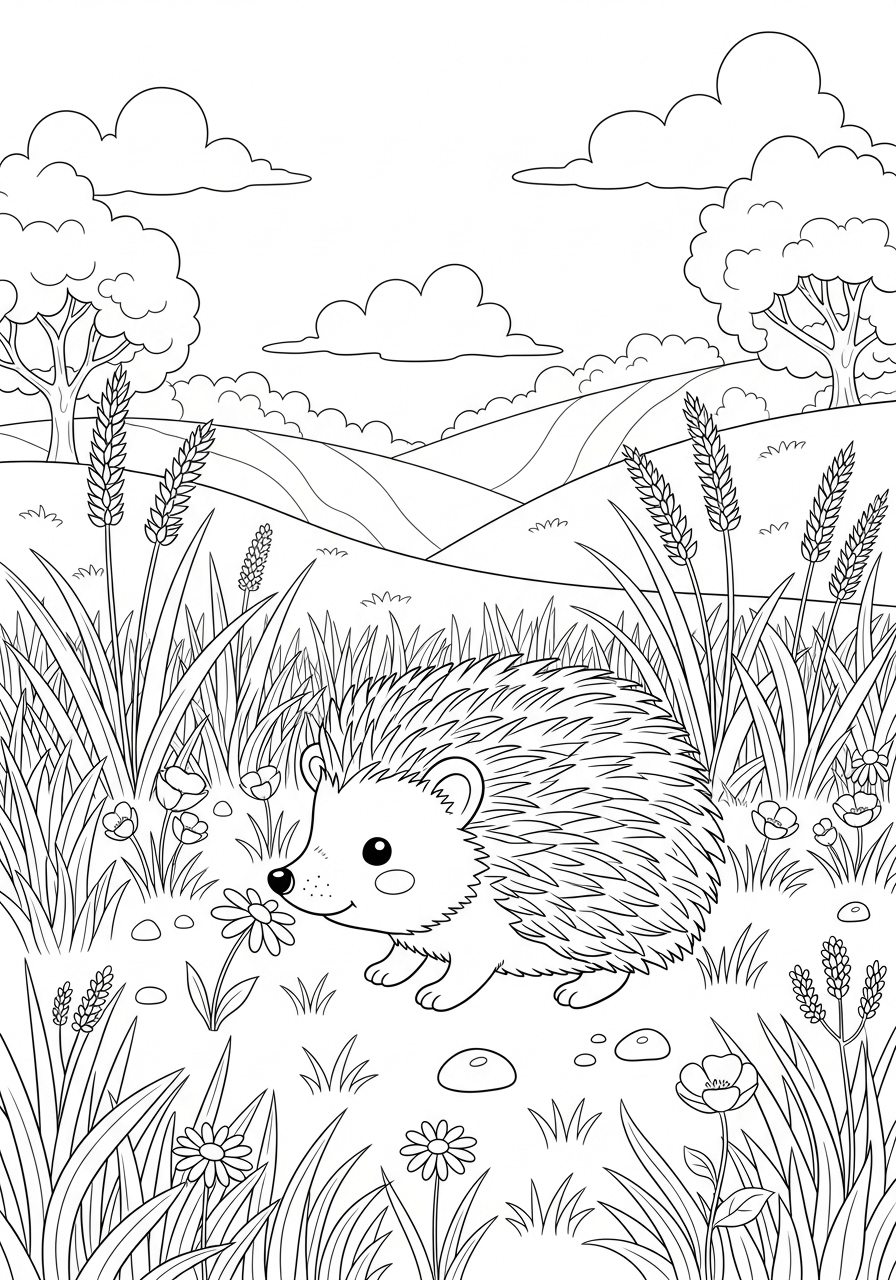 Desenho de Ouriço Realista entre flores e grama para colorir
