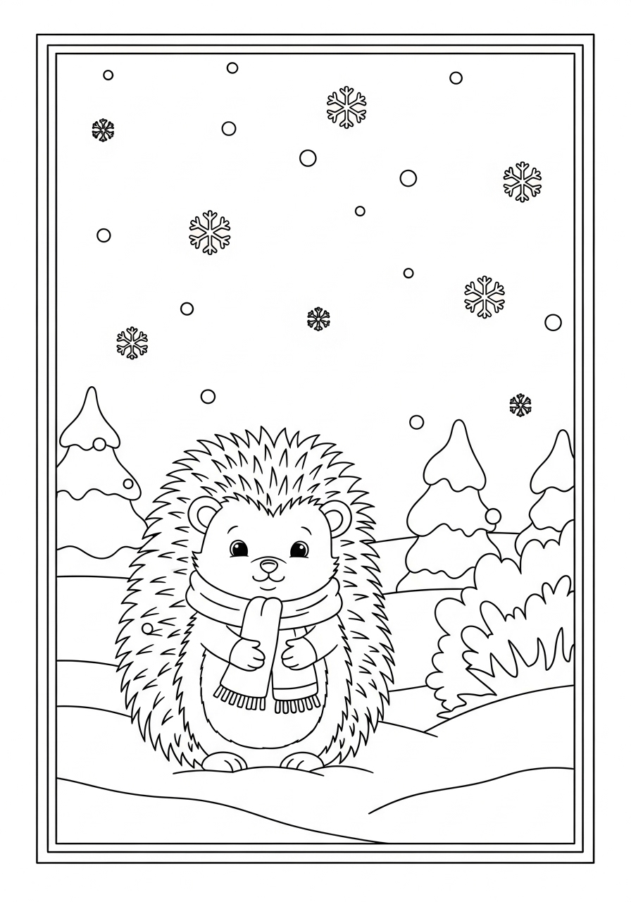 Desenho de Ouriço Fofinho com Cachecol e Neve para colorir