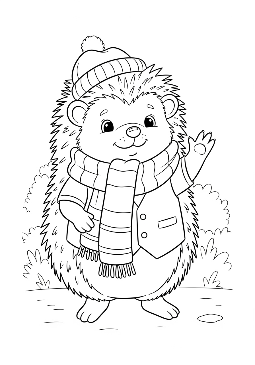 Desenho de Ouriço Fofinho com Cachecol para colorir