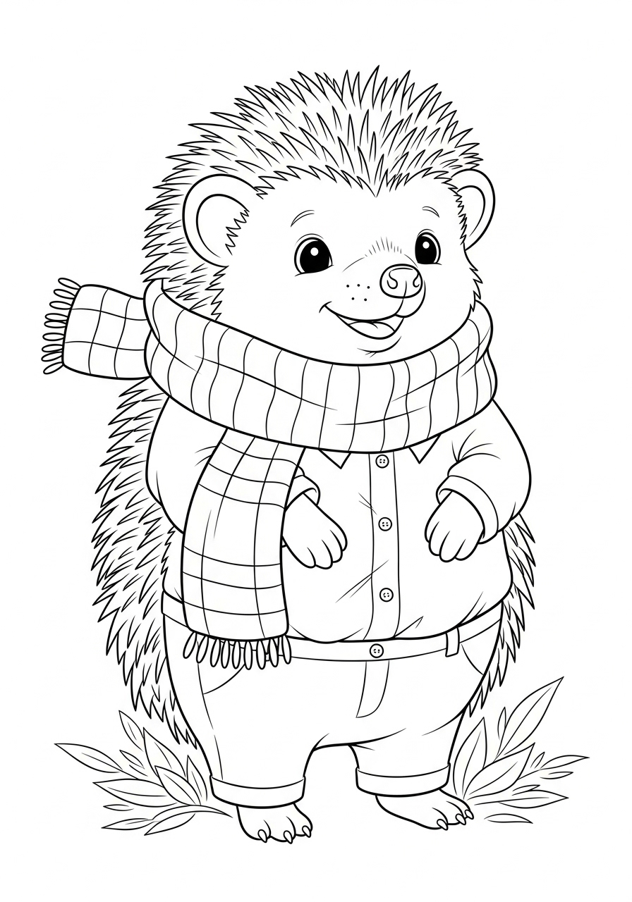 Desenho de Ouriço Fofo usando cachecol para colorir