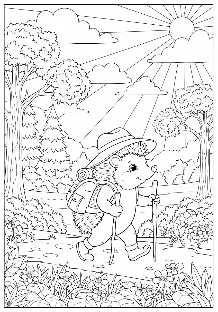 Desenho de Ouriço Aventureiro caminhando na natureza para colorir