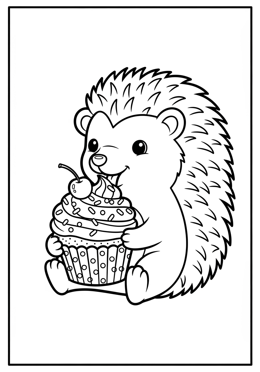 Desenho de Ouriço com Cupcake para colorir