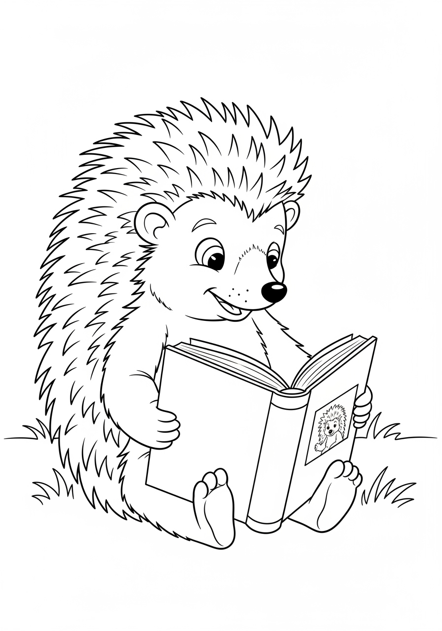 Desenho de Ouriço Fofo lendo um livro para colorir