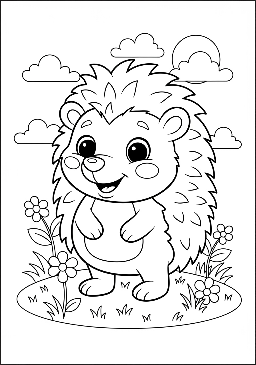 Desenho de Ouriço Fofo com Flores para colorir