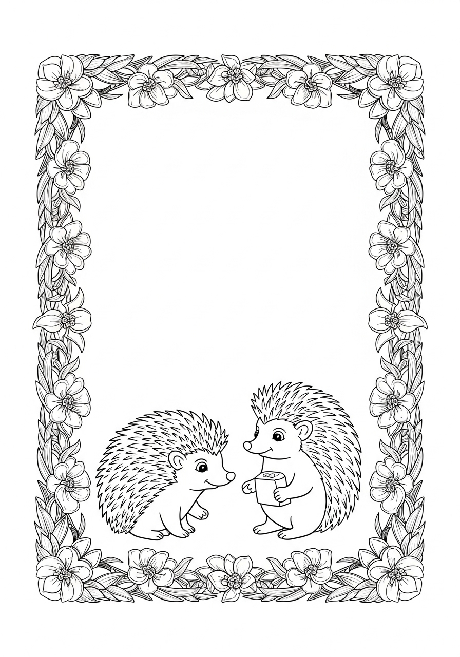 Desenho de Ouriço fofo com flores para colorir