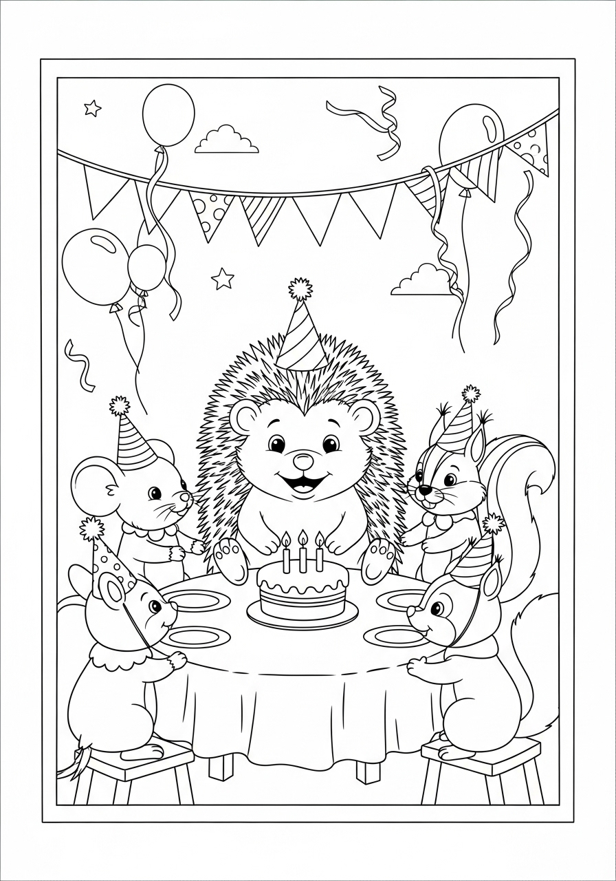 Desenho de Ouriço em festa com animais para colorir