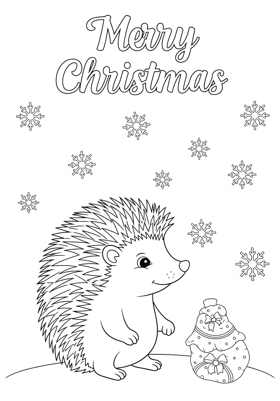 Desenho de Ouriço Fofinho com Árvore de Natal para colorir