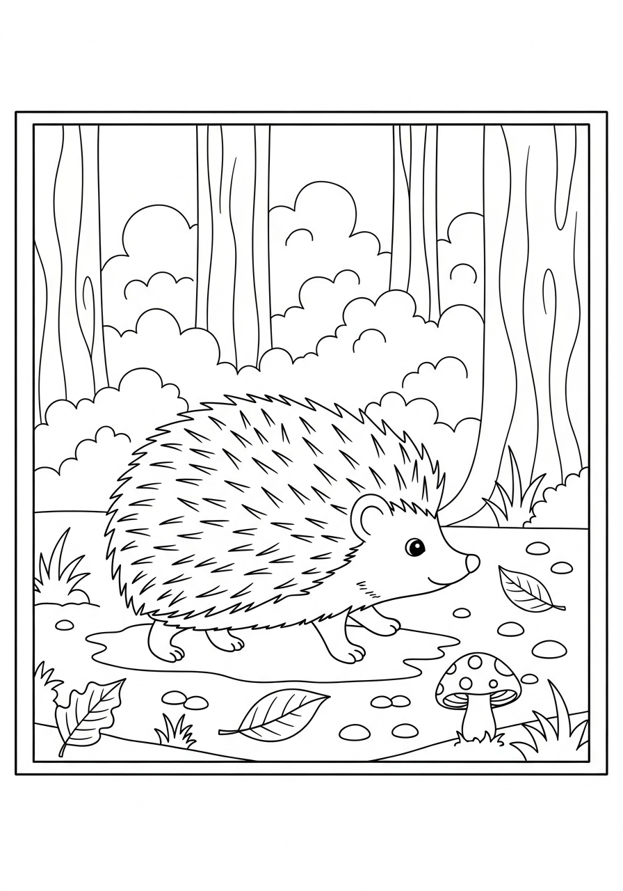 Desenho de Ouriço Realista em um cenário de floresta para colorir