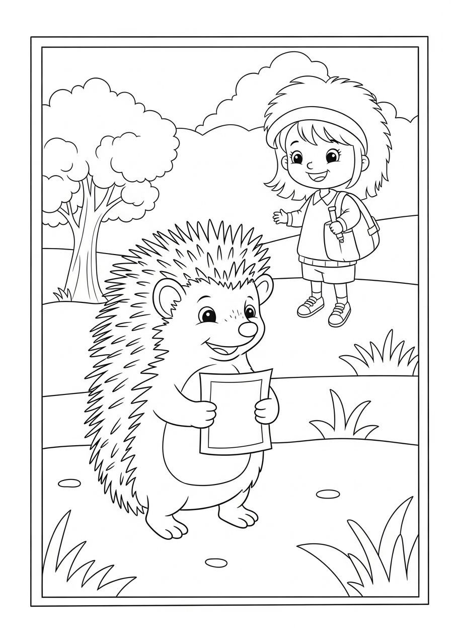 Desenho de Ouriço Sorridente e Menina para colorir