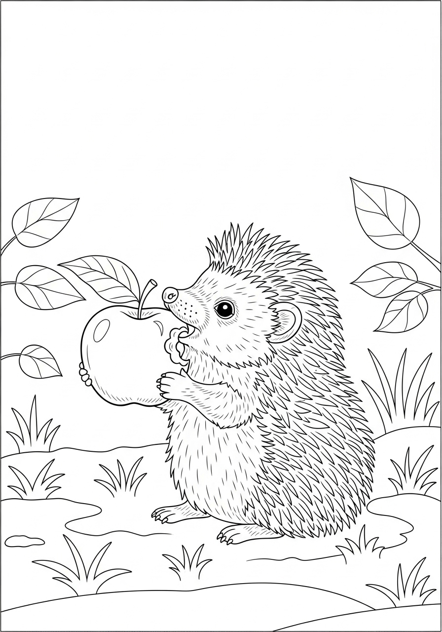 Desenho de Ouriço Simples com Maçã para colorir